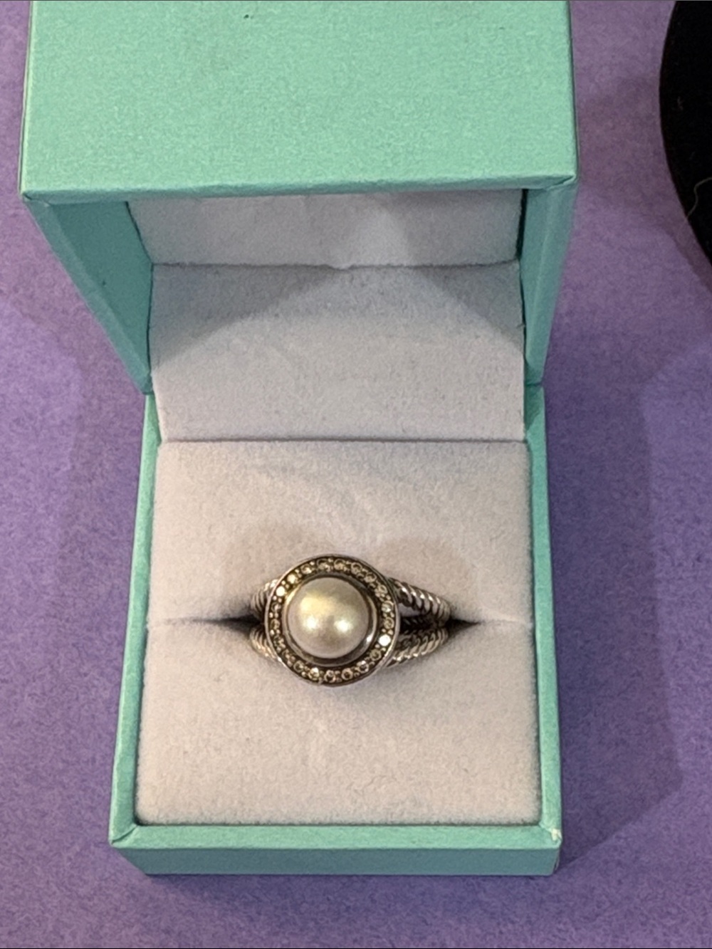 David Yurman Cable Collection Silver Pearl and Pavé Diamond Halo Ring | 6